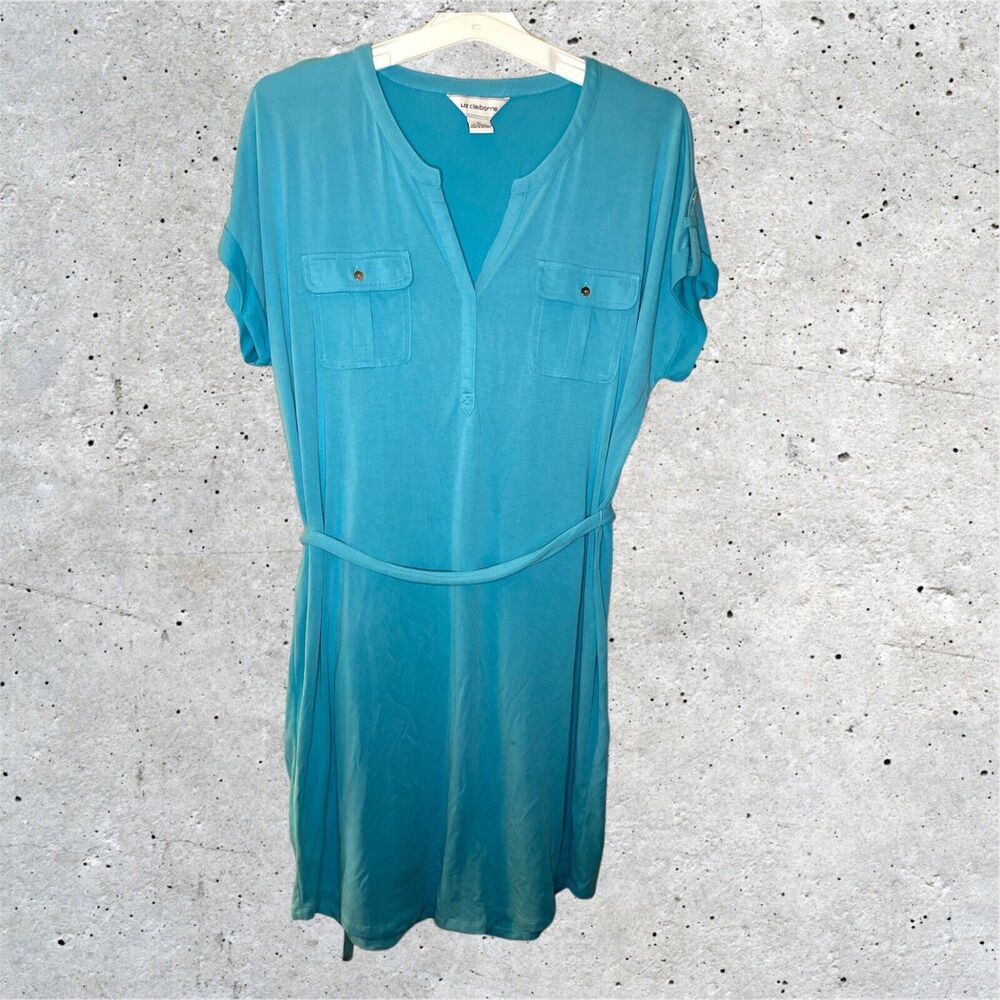 Liz Claiborne Dress Womens Size XL Wrap Tie Blue Button Academia NWT Stretch